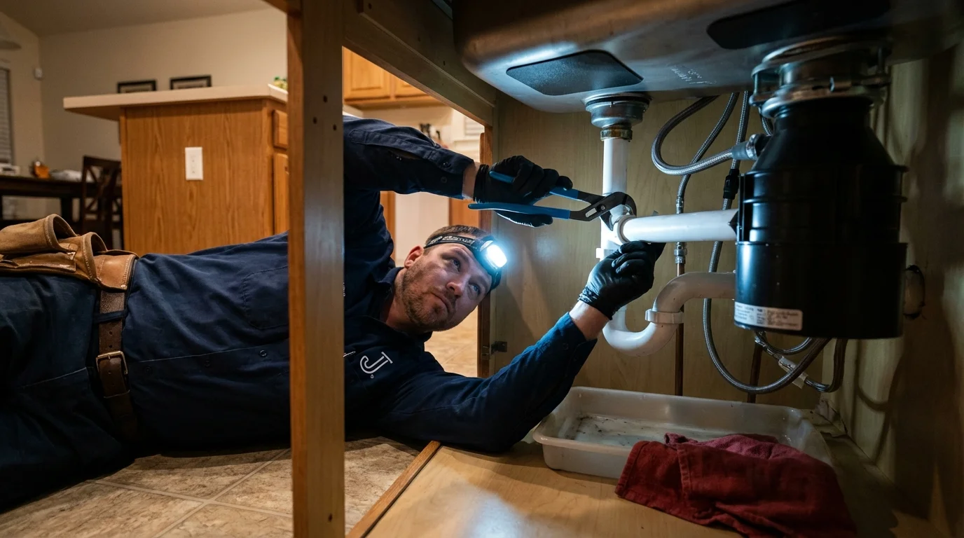 P-trap and supply line connections under a kitchen sink showing a common leak point in Gainesville, GA